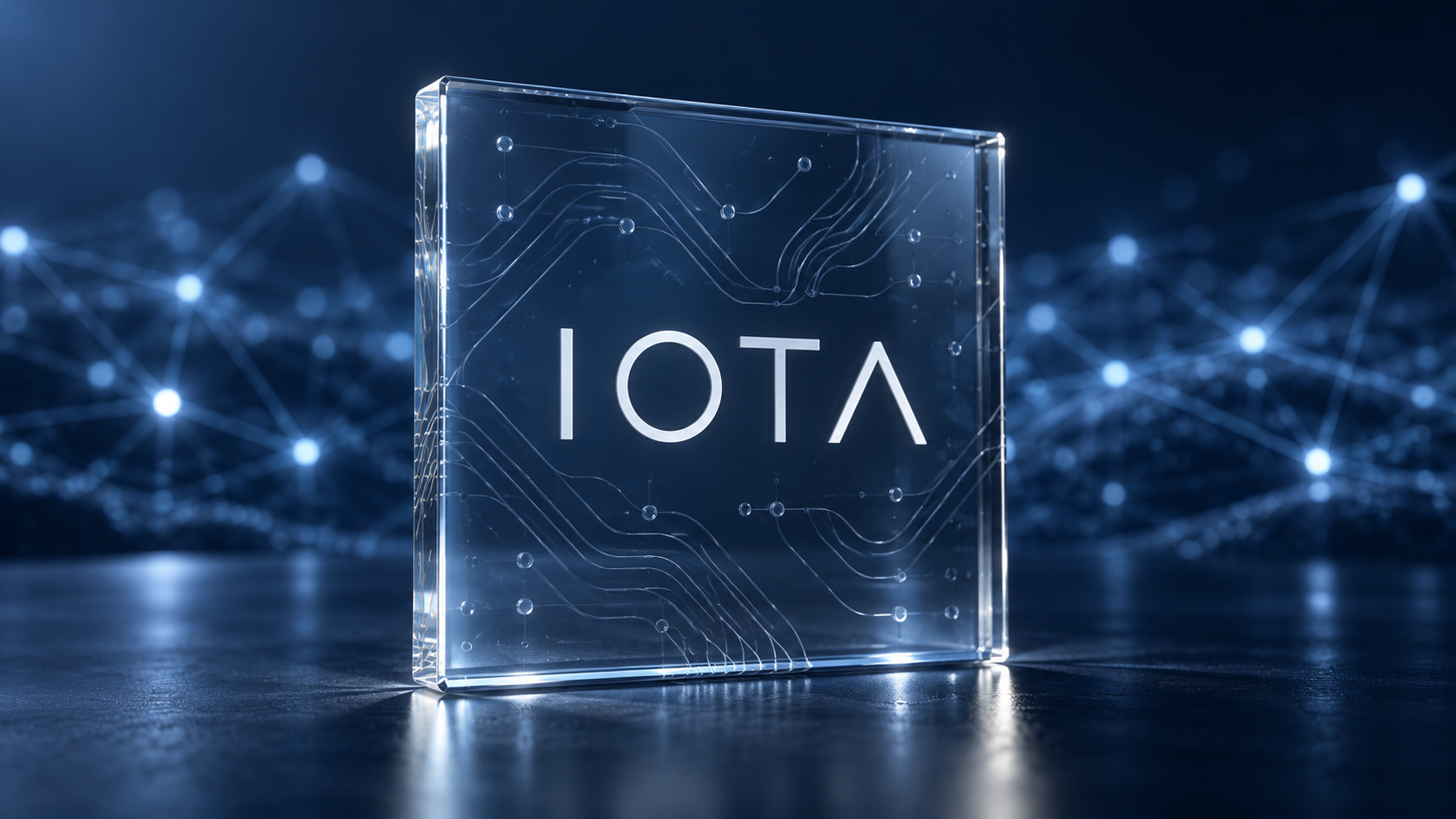 IOTA-Schriftzug auf einer Glasplatte vor einem blauen Netzwerk aus verbundenen Knoten.