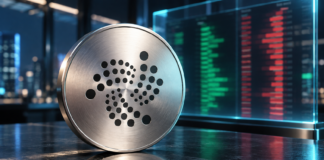 Silberne Münze mit IOTA-Logo vor einem stilisierten Orderbuch mit roten und grünen Handelspositionen.