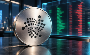 Silberne Münze mit IOTA-Logo vor einem stilisierten Orderbuch mit roten und grünen Handelspositionen.