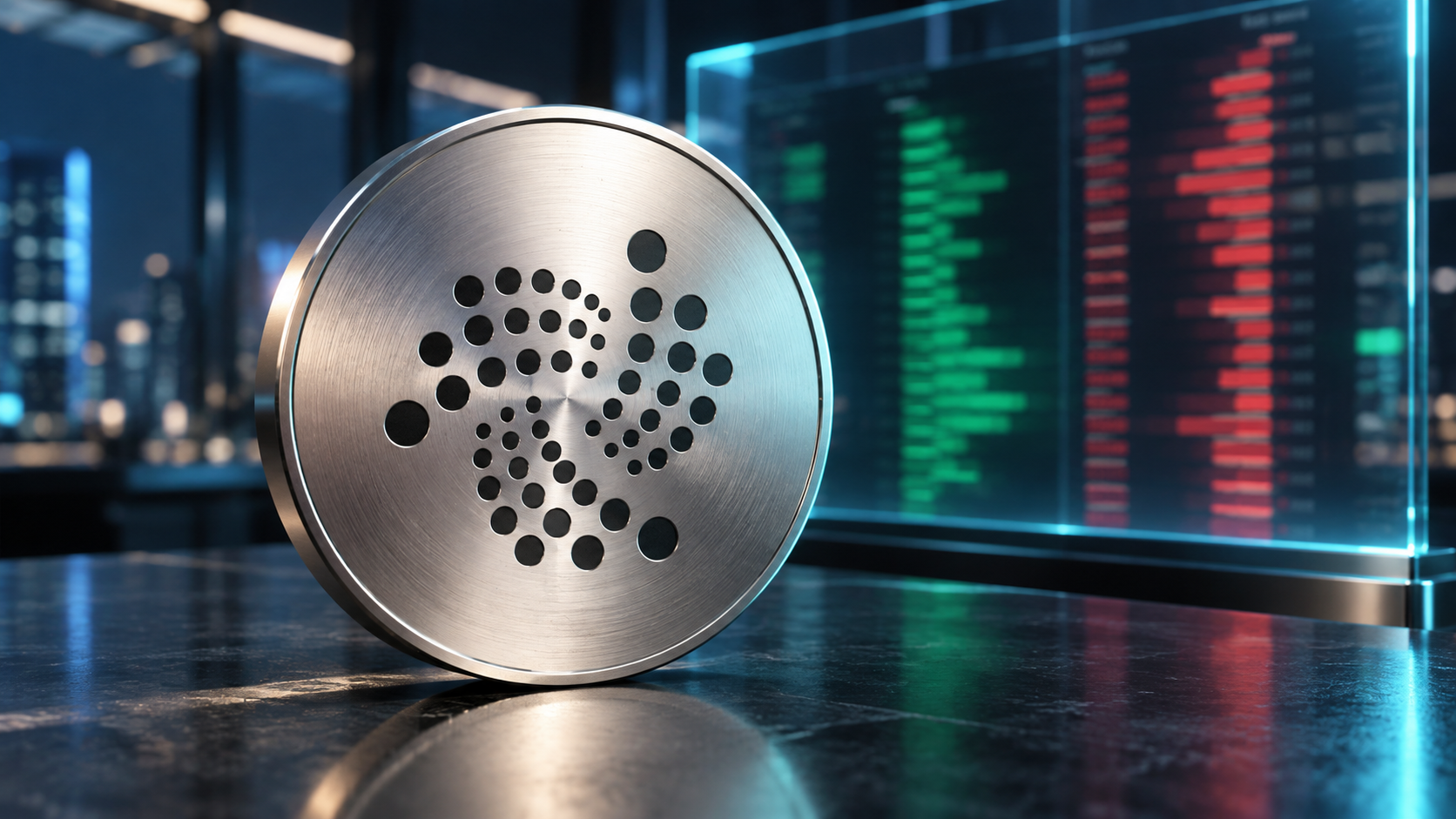 Silberne Münze mit IOTA-Logo vor einem stilisierten Orderbuch mit roten und grünen Handelspositionen.