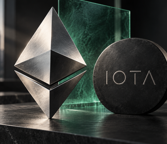 Silbernes Ethereum-Symbol neben einer dunklen Scheibe mit IOTA-Schriftzug und grünem Glaselement.