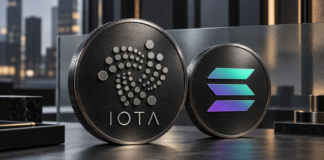 Dunkle Metallmünzen mit IOTA- und Solana-Logo auf einem Schreibtisch vor einer modernen Bürokulisse.