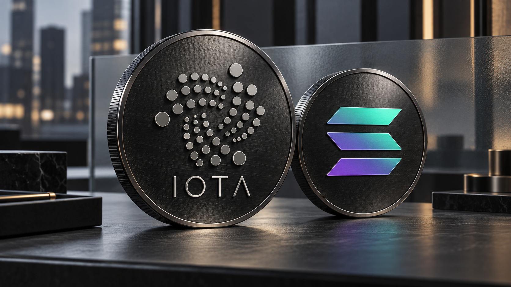 Dunkle Metallmünzen mit IOTA- und Solana-Logo auf einem Schreibtisch vor einer modernen Bürokulisse.