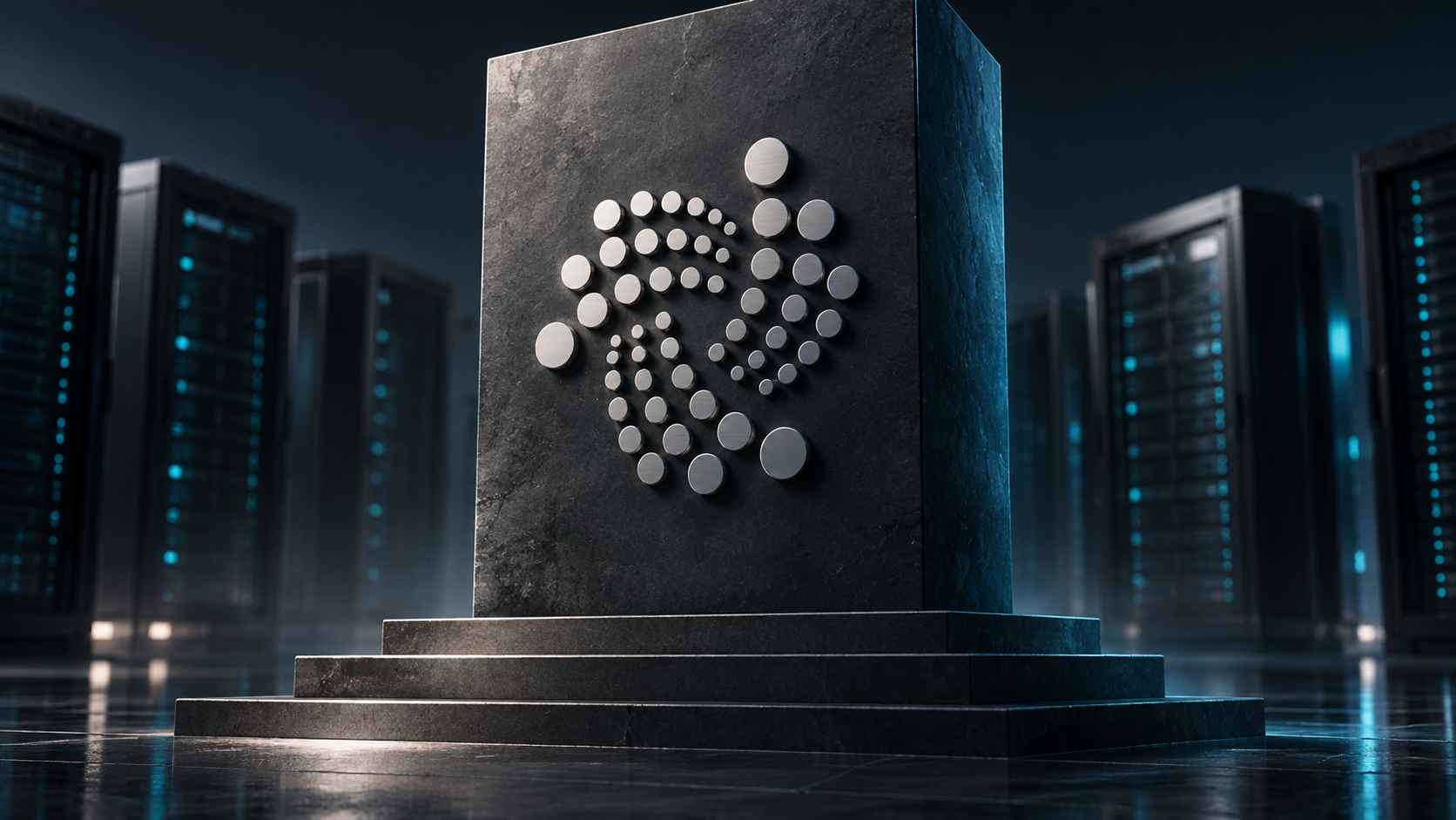 Silbernes IOTA-Symbol auf einem erhöhten dunklen Sockel vor Serveranlagen.