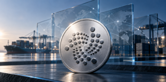 Silberne Münze mit IOTA-Symbol vor einem Containerhafen und einer vernetzten Weltkarte auf Glasflächen.