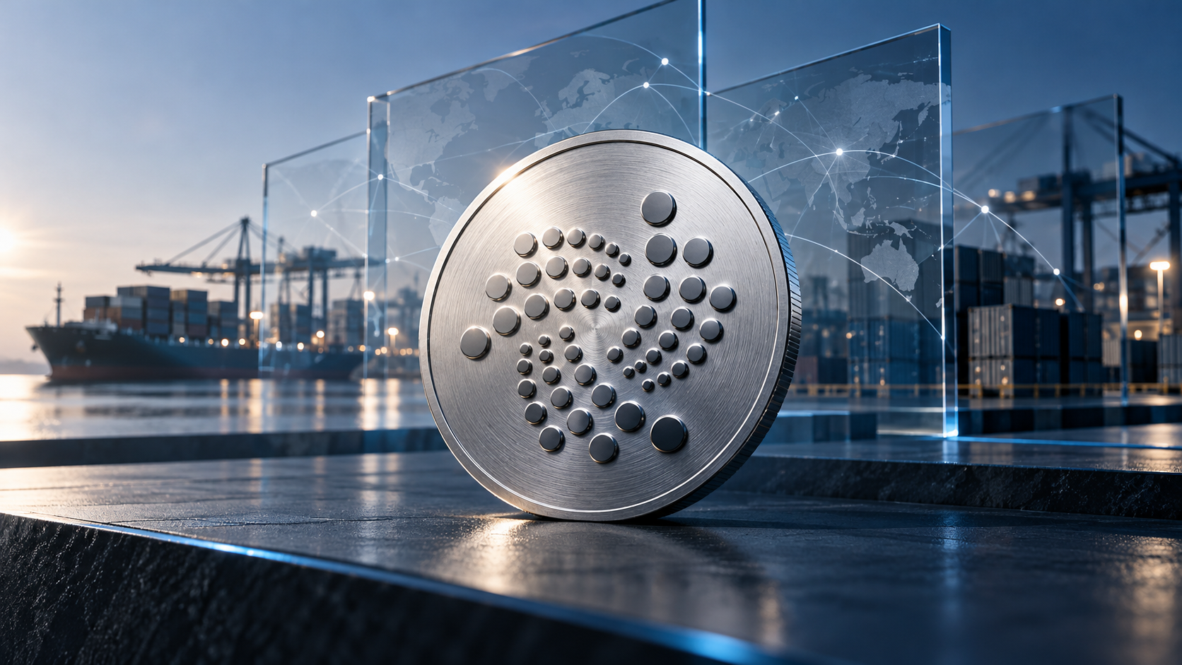 Silberne Münze mit IOTA-Symbol vor einem Containerhafen und einer vernetzten Weltkarte auf Glasflächen.