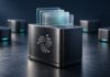 Symbolischer Datenspeicher mit IOTA-Logo, transparenten Dateiplatten und vier Speicherknoten im Hintergrund.