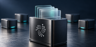 IOTA bekommt neuen Dateispeicher: Walrus-Technik, aber kein neuer Token Symbolischer Datenspeicher mit IOTA-Logo, transparenten Dateiplatten und vier Speicherknoten im Hintergrund.