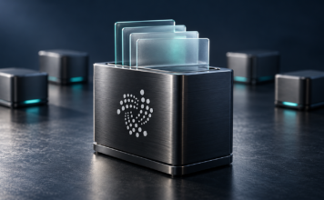 IOTA bekommt neuen Dateispeicher: Walrus-Technik, aber kein neuer Token Symbolischer Datenspeicher mit IOTA-Logo, transparenten Dateiplatten und vier Speicherknoten im Hintergrund.