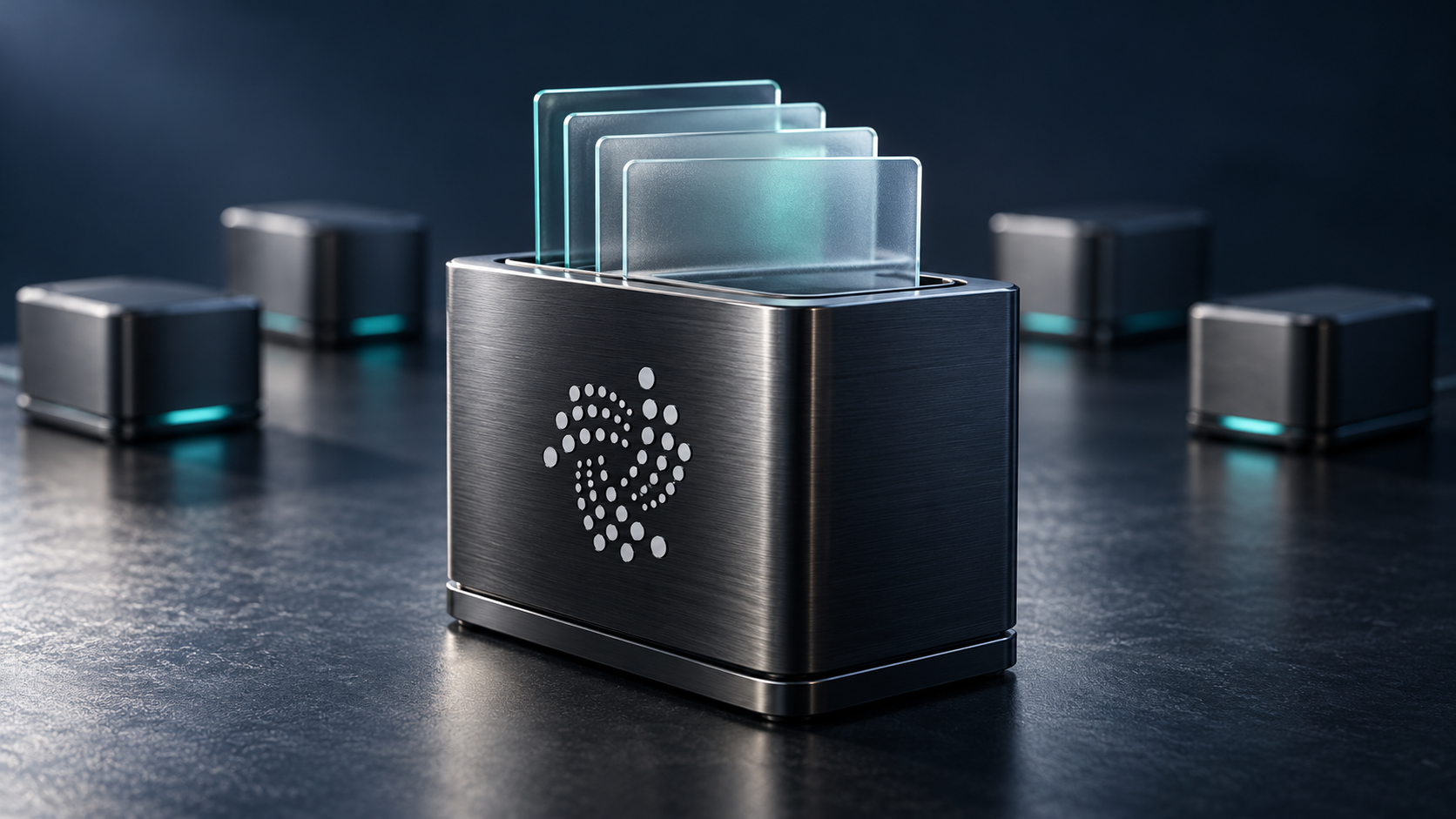 Symbolischer Datenspeicher mit IOTA-Logo, transparenten Dateiplatten und vier Speicherknoten im Hintergrund.