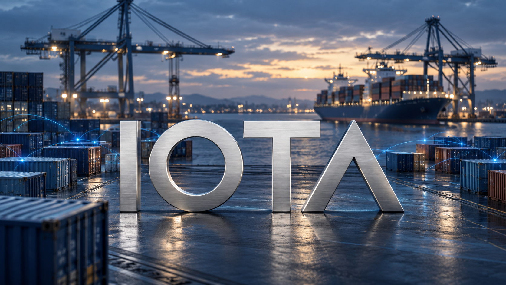 Silberner IOTA-Schriftzug vor einem Containerhafen mit blauen digitalen Datenverbindungen.
