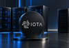 IOTA-Logo vor blau beleuchteten Servern und einem abseits stehenden unbeleuchteten Server als Symbol für den Alchemy-Austritt.