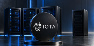 IOTA-Logo vor blau beleuchteten Servern und einem abseits stehenden unbeleuchteten Server als Symbol für den Alchemy-Austritt.
