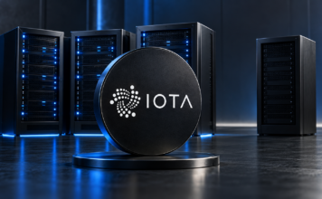 IOTA-Logo vor blau beleuchteten Servern und einem abseits stehenden unbeleuchteten Server als Symbol für den Alchemy-Austritt.