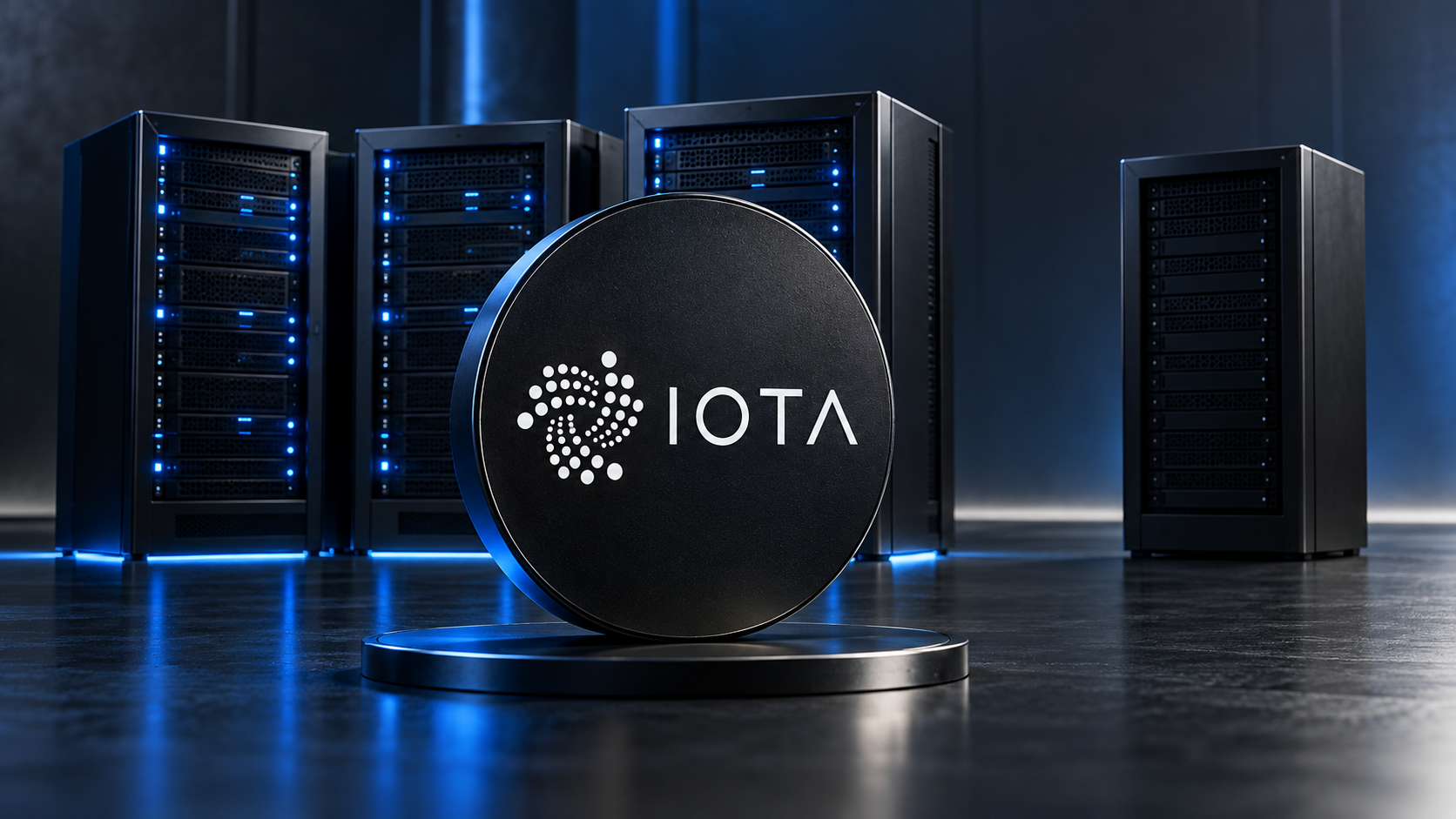 IOTA-Logo vor blau beleuchteten Servern und einem abseits stehenden unbeleuchteten Server als Symbol für den Alchemy-Austritt.