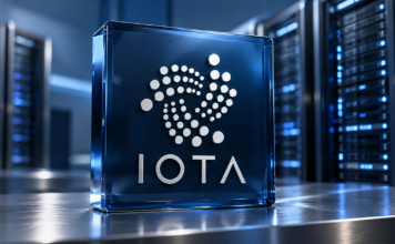 Weißes IOTA-Logo auf einer blauen Glasplatte vor Serverracks.