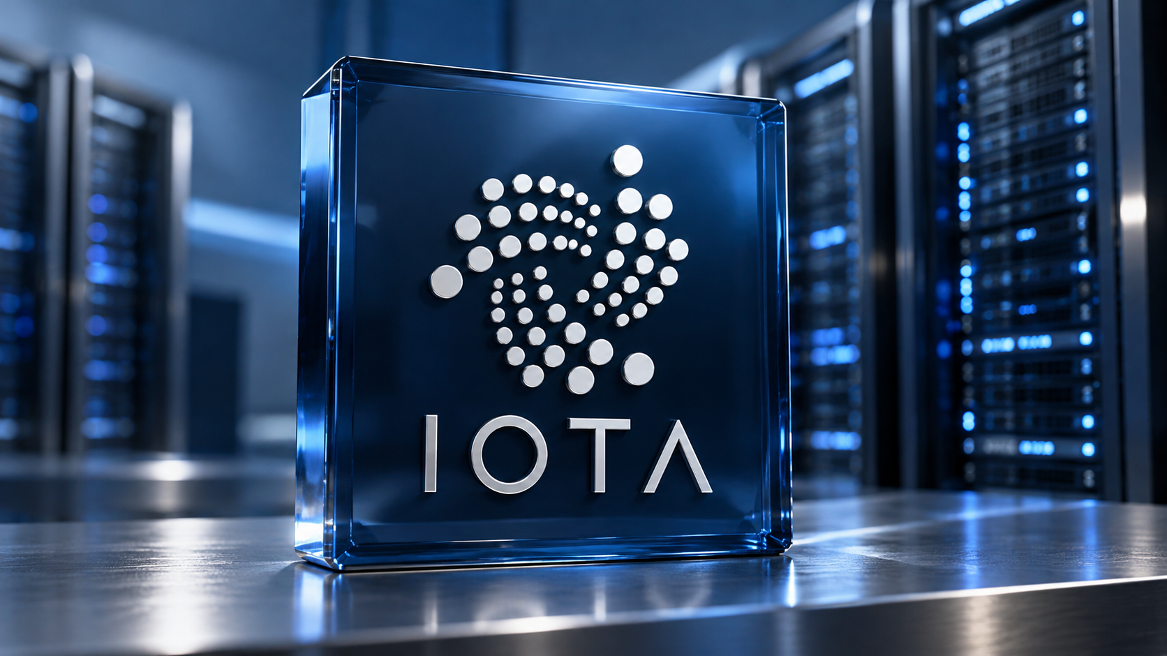 Weißes IOTA-Logo auf einer blauen Glasplatte vor Serverracks.