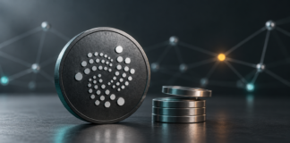 IOTA-Logo auf einer dunklen Münze neben metallischen Scheiben als Symbol für Validator-Belohnungen.