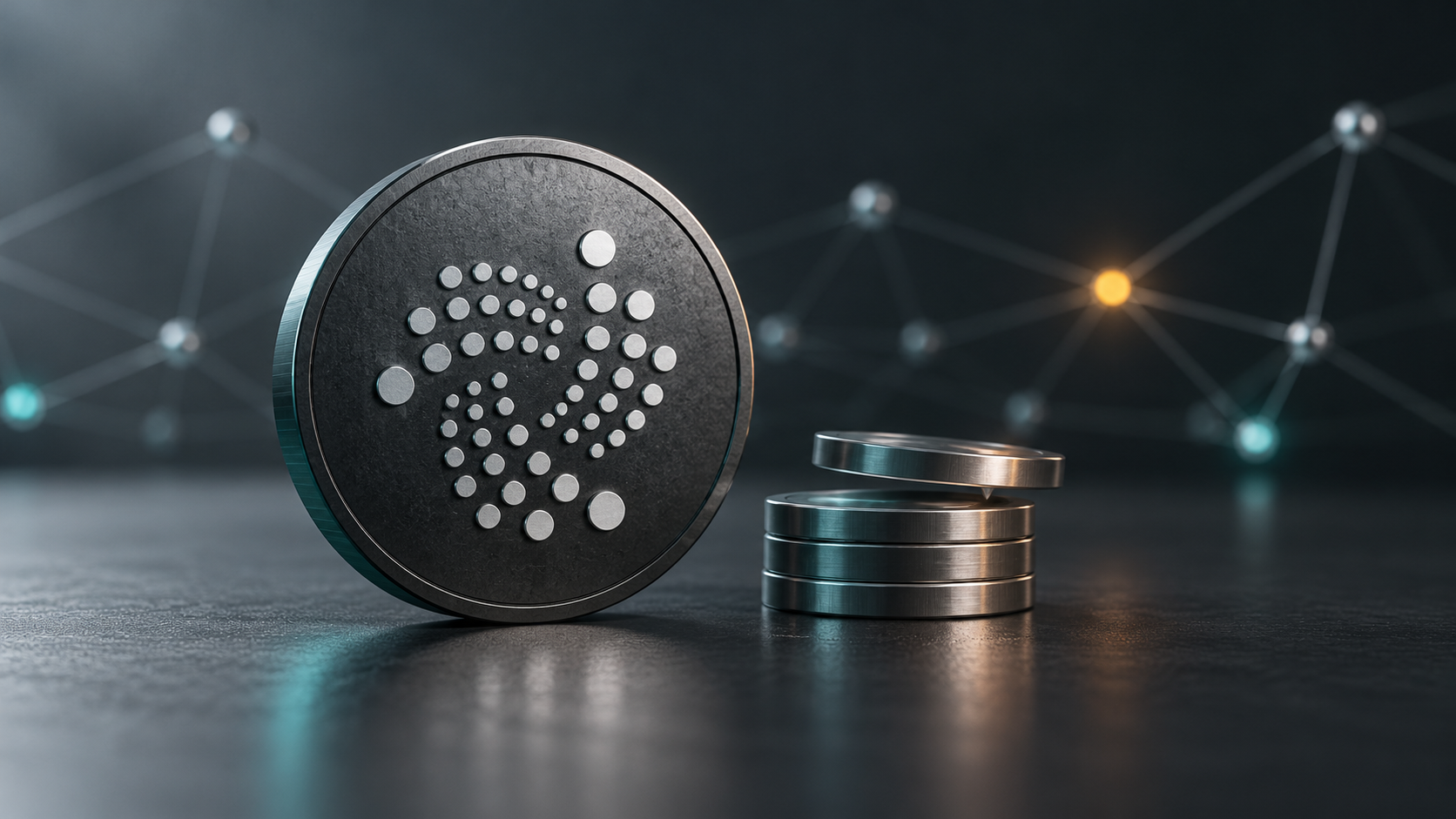 IOTA-Logo auf einer dunklen Münze neben metallischen Scheiben als Symbol für Validator-Belohnungen.