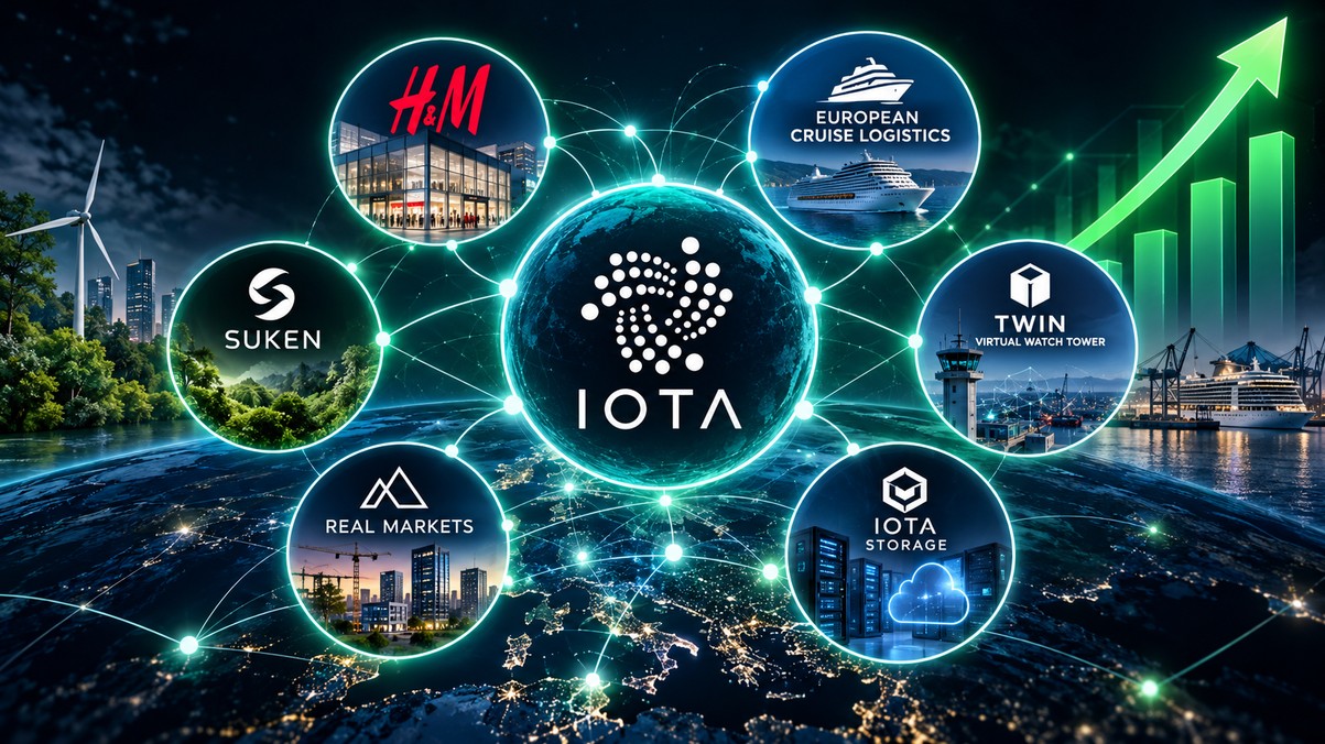 IOTA mit zentralem IOTA-Logo, Partnern wie H&M, TWIN, SUKEN, European Cruise Logistics, REAL Markets und IOTA Storage sowie grünem Wachstumspfeil im Hintergrund.