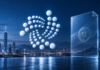 Weißes IOTA-Punktlogo vor der nächtlichen Skyline von Taipeh neben einem transparenten digitalen Dokument.