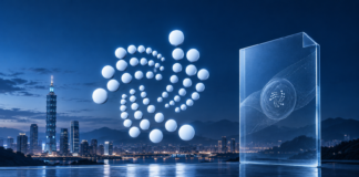 IOTA: 23.000 Transaktionen und eine heiße Spur zum Bankenriesen Fubon Weißes IOTA-Punktlogo vor der nächtlichen Skyline von Taipeh neben einem transparenten digitalen Dokument.