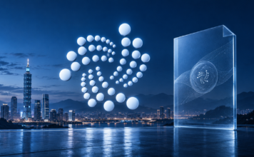 IOTA: 23.000 Transaktionen und eine heiße Spur zum Bankenriesen Fubon Weißes IOTA-Punktlogo vor der nächtlichen Skyline von Taipeh neben einem transparenten digitalen Dokument.