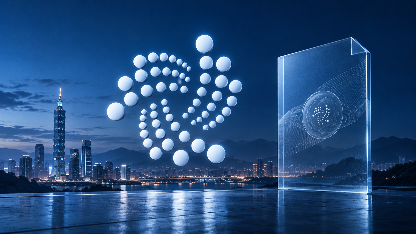 Weißes IOTA-Punktlogo vor der nächtlichen Skyline von Taipeh neben einem transparenten digitalen Dokument.