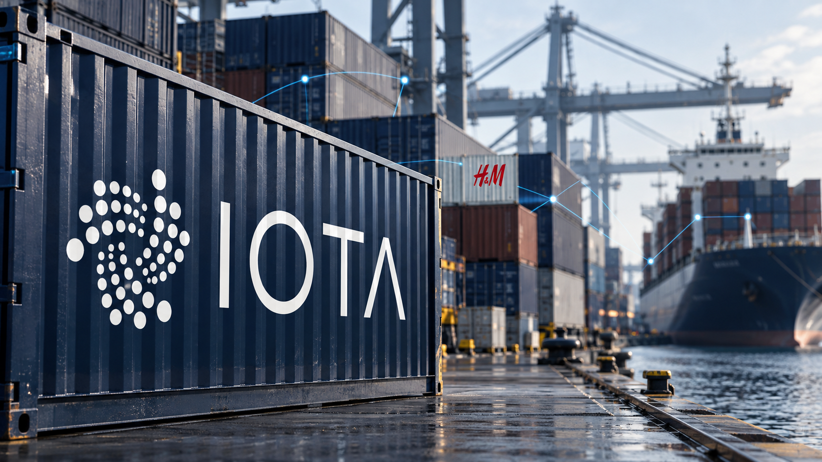 Symbolische Hafenansicht mit IOTA- und H&M-Logos auf Containern und blauen Datenverbindungen.
