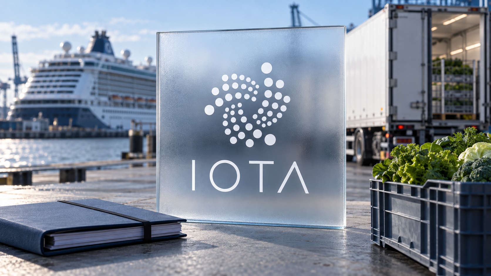 IOTA-Logo vor einem Kreuzfahrtschiff und einem Kühltransporter, daneben frisches Gemüse und ein Dokumentenordner.