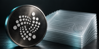 Metallisches IOTA-Logo neben einem Stapel transparenter Zertifikate vor dunklem Hintergrund.