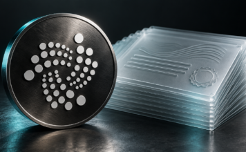 Metallisches IOTA-Logo neben einem Stapel transparenter Zertifikate vor dunklem Hintergrund.