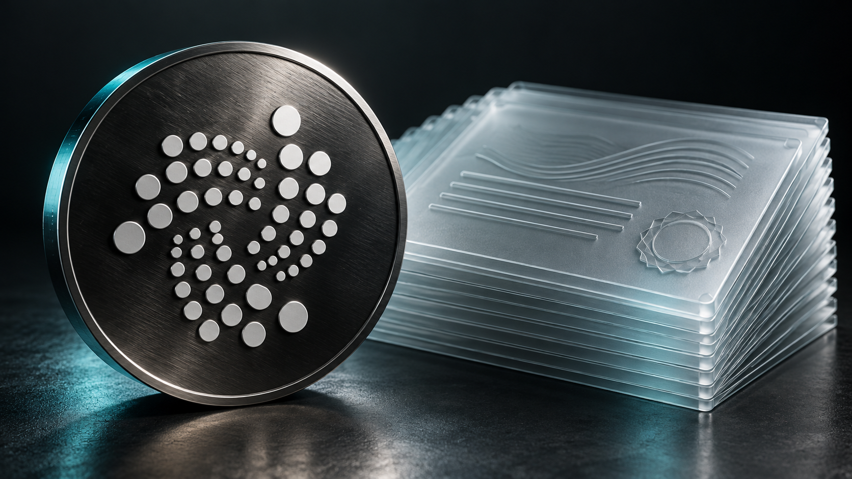 Metallisches IOTA-Logo neben einem Stapel transparenter Zertifikate vor dunklem Hintergrund.