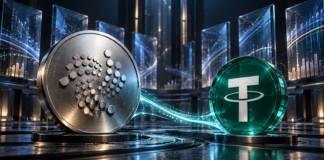 IOTA: Neue Krypto-Börse wächst rasant – Liquidität steigt um 144 % Silberne Münze mit IOTA-Symbol neben einer grünen Tether-Münze vor abstrakten Handelstafeln.