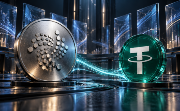 IOTA: Neue Krypto-Börse wächst rasant – Liquidität steigt um 144 % Silberne Münze mit IOTA-Symbol neben einer grünen Tether-Münze vor abstrakten Handelstafeln.
