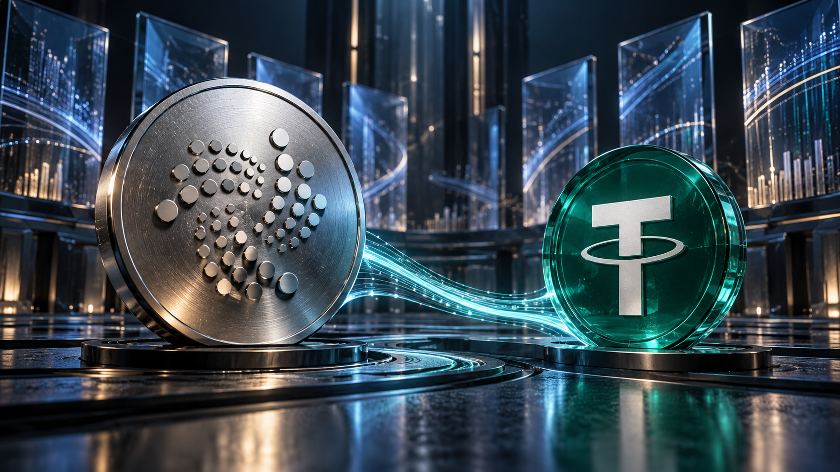 Silberne Münze mit IOTA-Symbol neben einer grünen Tether-Münze vor abstrakten Handelstafeln.