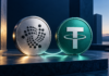 Silberne Münze mit IOTA-Logo neben einer grünen Münze mit Tether-Symbol, verbunden durch eine leuchtende Linie.