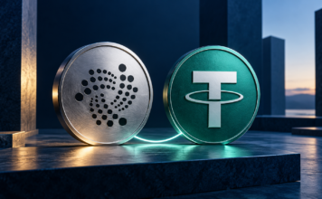 IOTA: USDT0-Nutzung explodiert – 96 % landen auf neuer Perp-DEX Silberne Münze mit IOTA-Logo neben einer grünen Münze mit Tether-Symbol, verbunden durch eine leuchtende Linie.