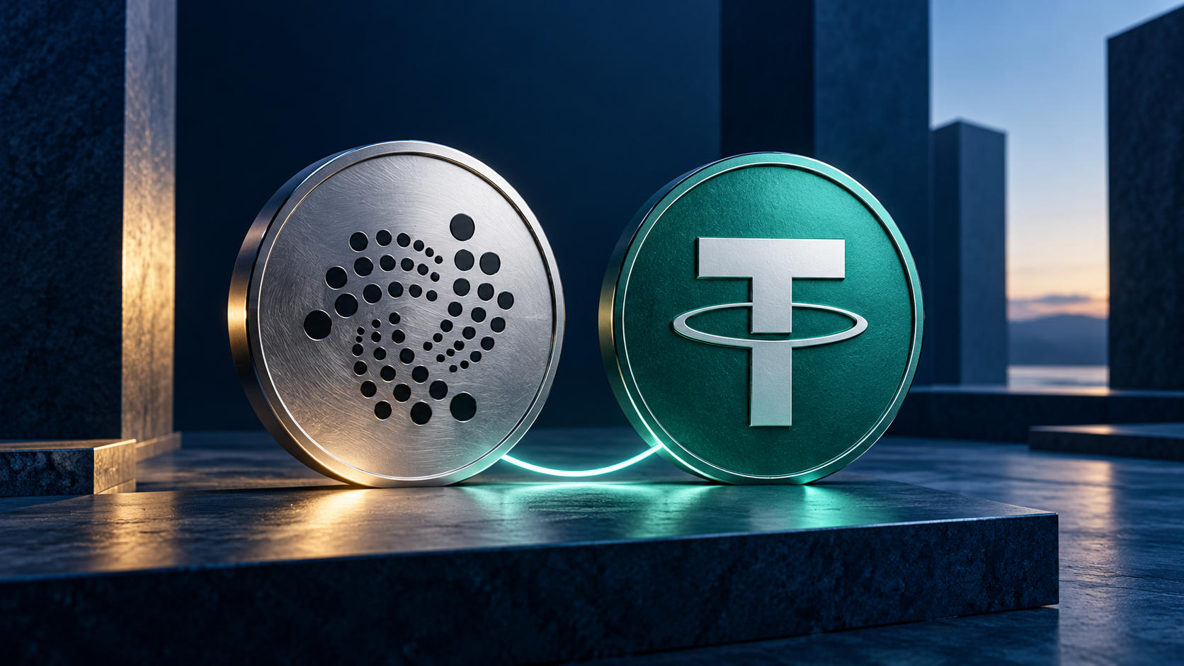 Silberne Münze mit IOTA-Logo neben einer grünen Münze mit Tether-Symbol, verbunden durch eine leuchtende Linie.