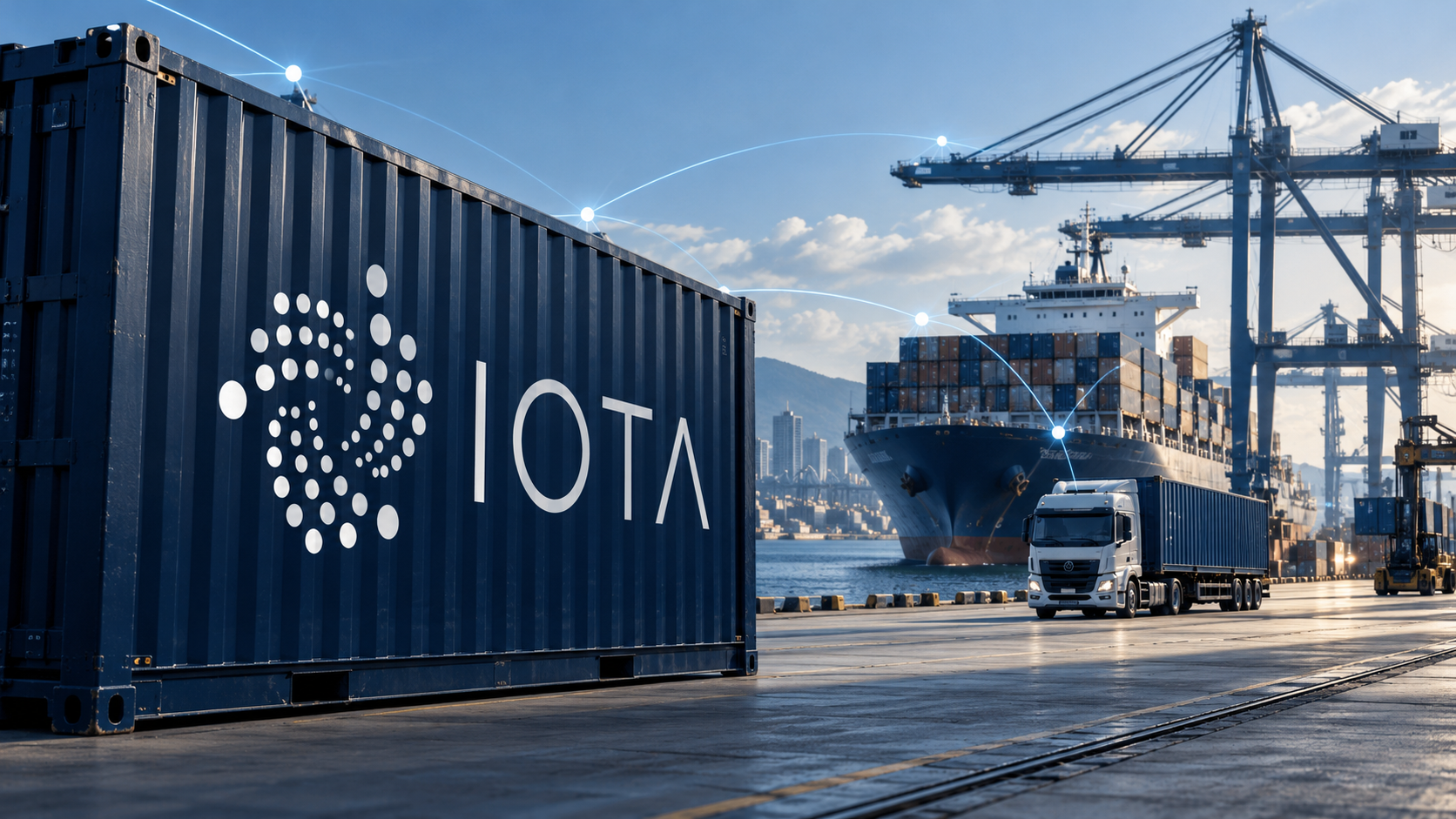 Container mit großem IOTA-Logo vor einem Frachtschiff und einem Lkw, verbunden durch symbolische digitale Datenlinien.