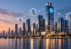 Injective-Logo auf einer modernen Skyline mit digital vernetzten Immobilien als Symbol für die Tokenisierung eines 10-Milliarden-Dollar-Hypothekenportfolios