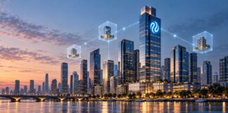 Injective: Pentiv plant Tokenisierung von Immobilienkrediten im Wert von 10 Milliarden Dollar Injective-Logo auf einer modernen Skyline mit digital vernetzten Immobilien als Symbol für die Tokenisierung eines 10-Milliarden-Dollar-Hypothekenportfolios