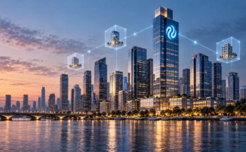 Injective: Pentiv plant Tokenisierung von Immobilienkrediten im Wert von 10 Milliarden Dollar Injective-Logo auf einer modernen Skyline mit digital vernetzten Immobilien als Symbol für die Tokenisierung eines 10-Milliarden-Dollar-Hypothekenportfolios