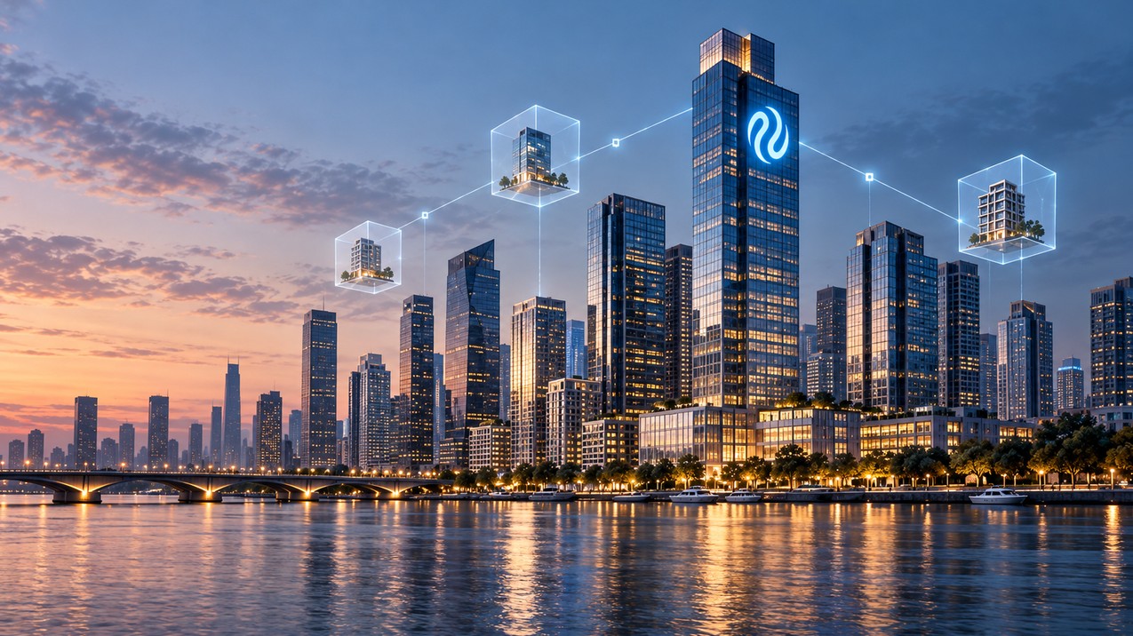 Injective-Logo auf einer modernen Skyline mit digital vernetzten Immobilien als Symbol für die Tokenisierung eines 10-Milliarden-Dollar-Hypothekenportfolios