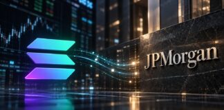 Solana und JPMorgan kooperieren bei Onchain-Projekt Solana-Logo und JPMorgan-Logo vor Finanzmarkt- und Blockchain-Hintergrund