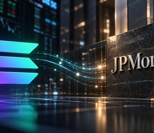 Solana-Logo und JPMorgan-Logo vor Finanzmarkt- und Blockchain-Hintergrund