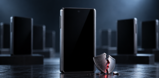 Hardware-Wallet vor weiteren Geräten neben einem gebrochenen Schutzschild als Symbol für den Keystone-Sicherheitsvorfall.