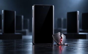 Hardware-Wallet vor weiteren Geräten neben einem gebrochenen Schutzschild als Symbol für den Keystone-Sicherheitsvorfall.