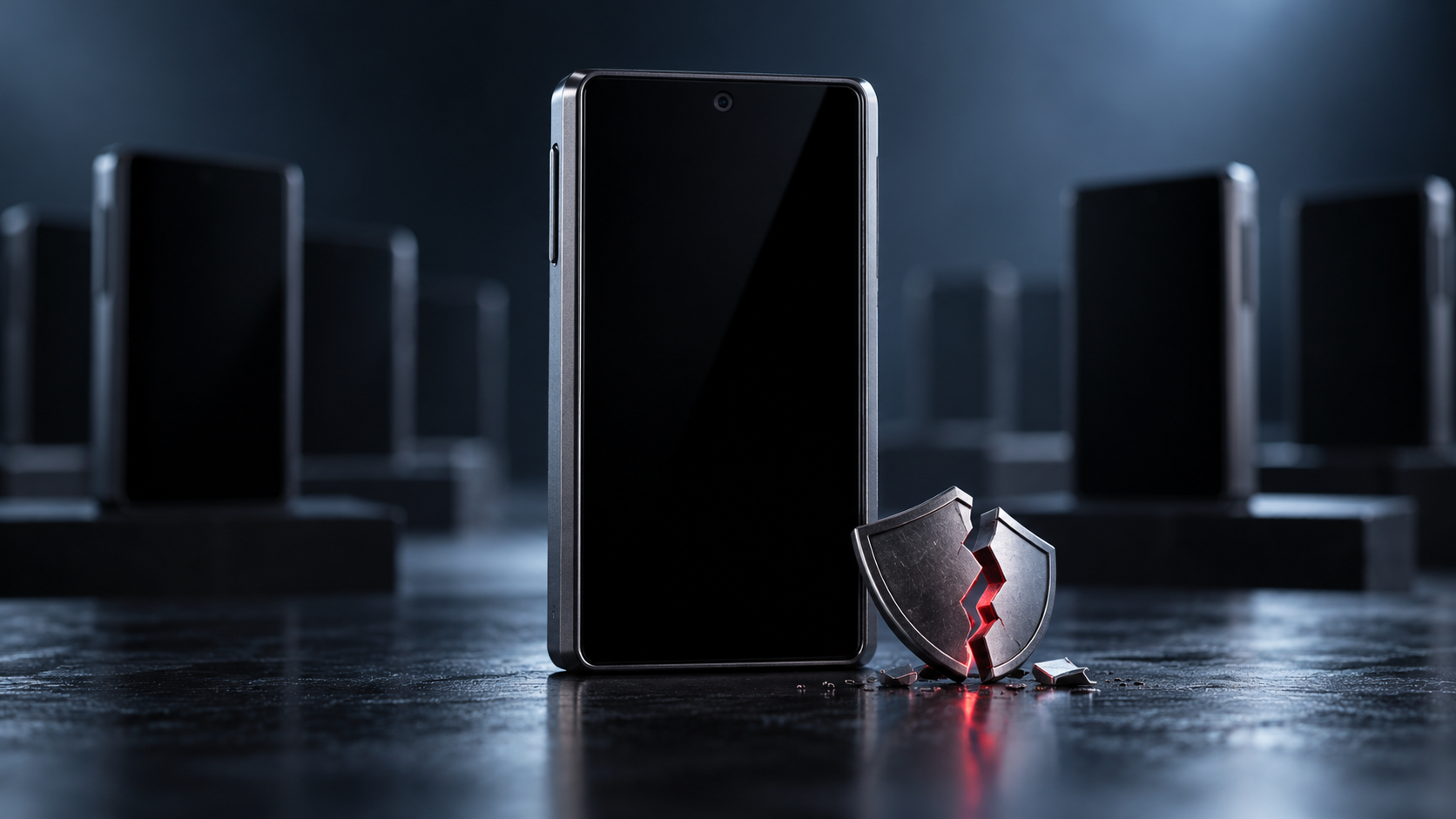 Hardware-Wallet vor weiteren Geräten neben einem gebrochenen Schutzschild als Symbol für den Keystone-Sicherheitsvorfall.