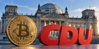 Goldene Bitcoin-Münze neben einem roten CDU-Logo vor dem Reichstagsgebäude in Berlin.